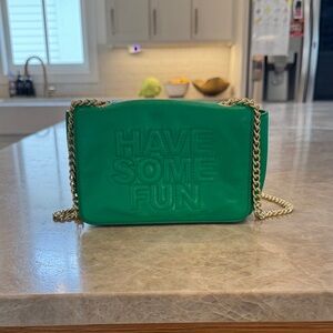 Green Embossed 'Have Some Fun' Crossbody Bag with Gold Chain